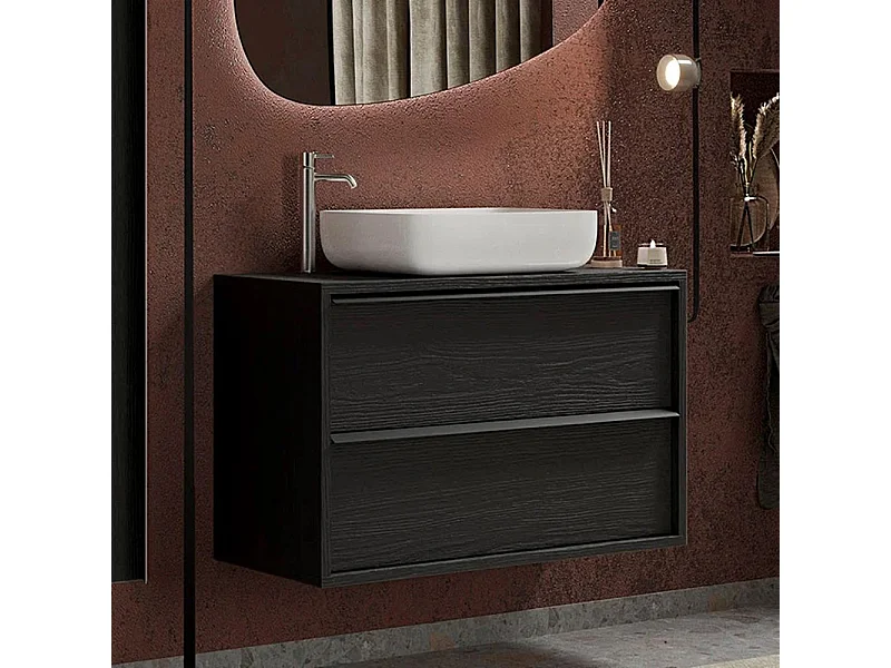 Mobile bagno sospeso 92x92 cm nero con lavabo e due cassetti MBL21