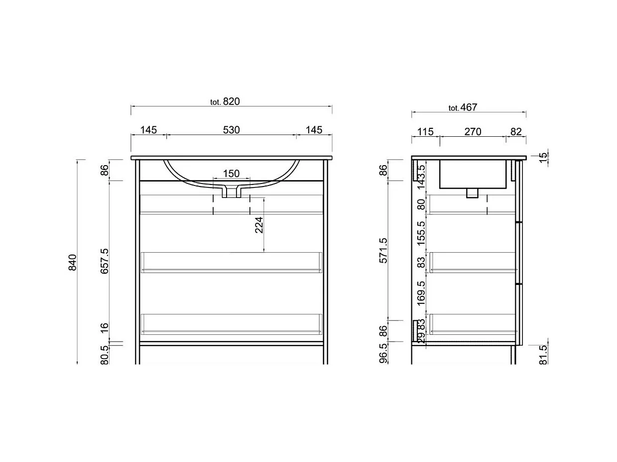 Mobile bagno a terra 80x85 cm marrone con lavabo e tre cassetti MBL8