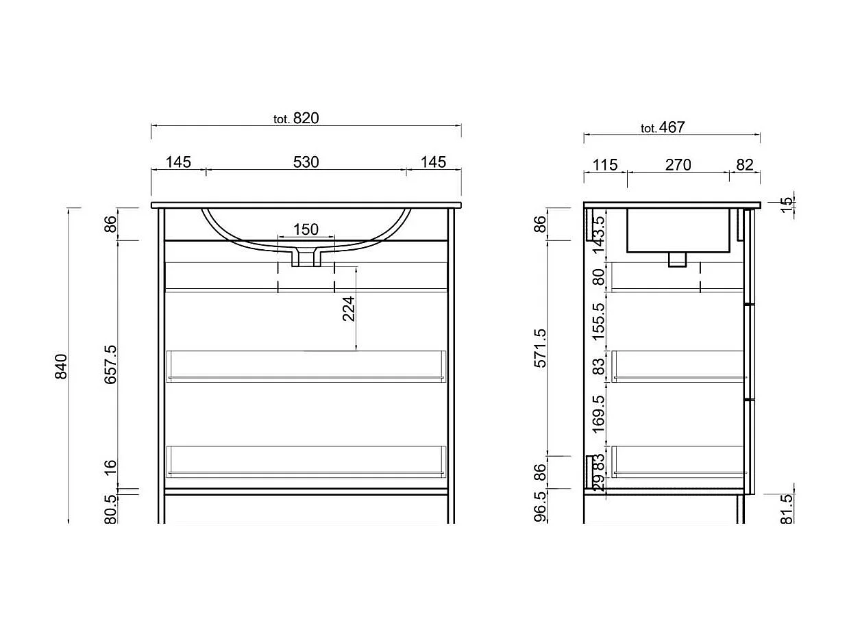 Mobile bagno a terra 80x85 cm marrone con lavabo e tre cassetti MBL8