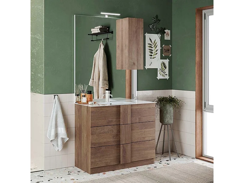 Mobile bagno a terra 80x85 cm marrone con lavabo e tre cassetti MBL8