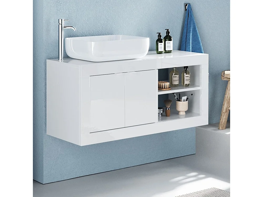 Mobile bagno sospeso 110x90 cm bianco lucido con lavabo due ante MBL26