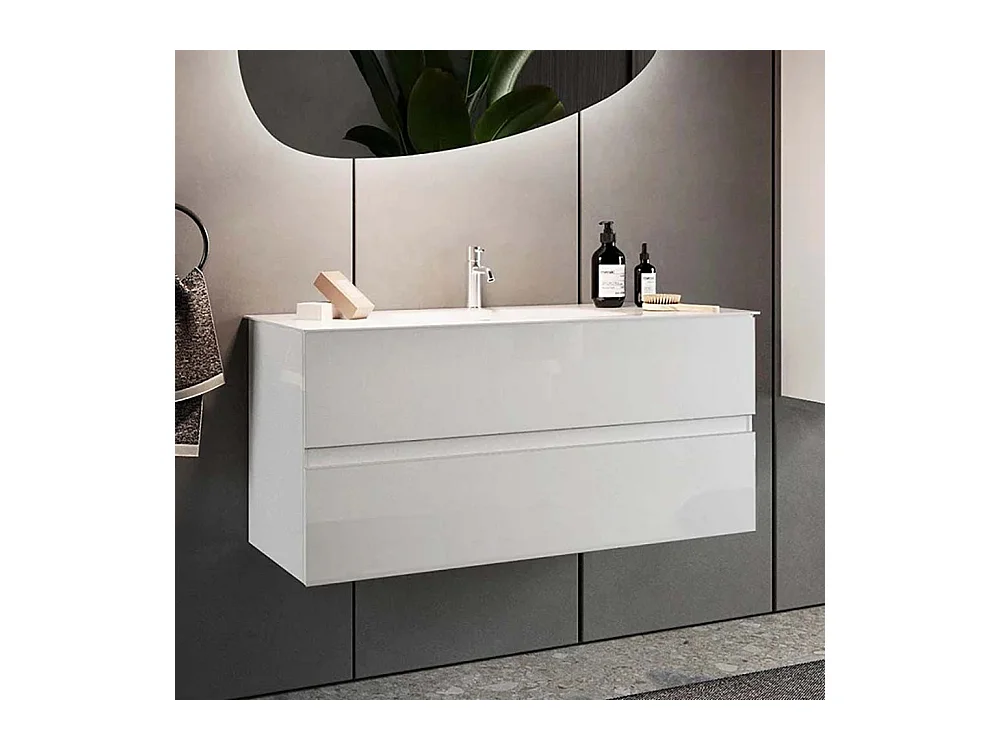 Mobile bagno sospeso 100x85 cm bianco lucido con lavabo e due cassetti MBL9