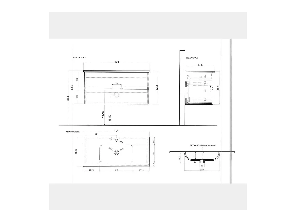 Mobile bagno sospeso 100x85 cm bianco lucido con lavabo e due cassetti MBL9