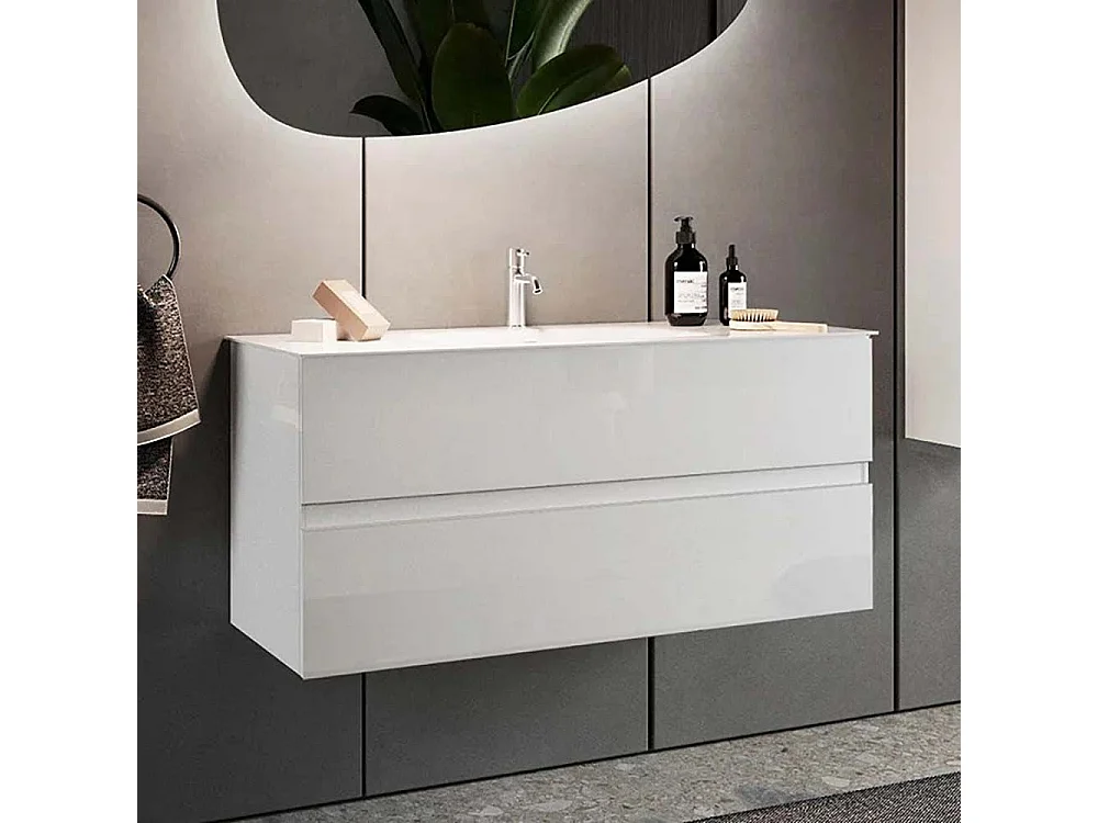 Mobile bagno sospeso 100x85 cm bianco lucido con lavabo e due cassetti MBL9