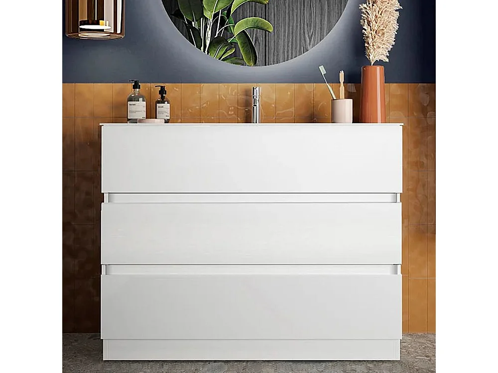 Mobile bagno a terra 100x85 cm bianco lucido con lavabo e tre cassetti MBL13