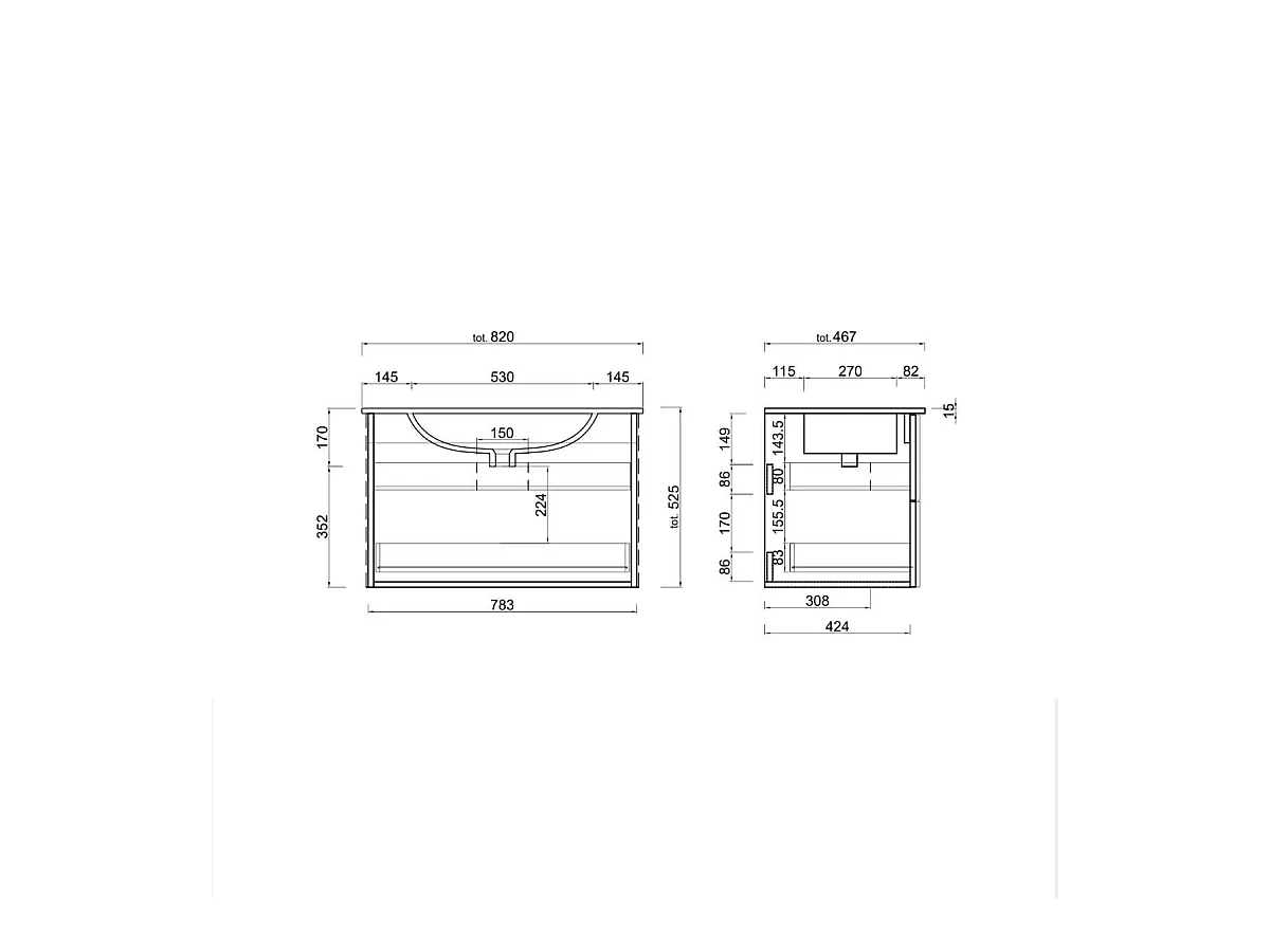 Mobile bagno sospeso 80x85 cm marrone con lavabo e due cassetti MBL4