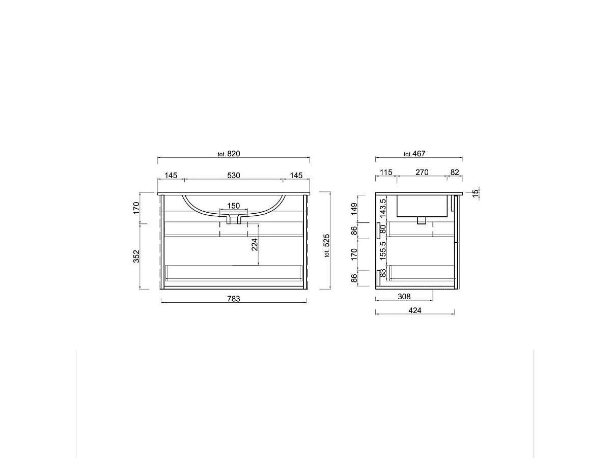 Mobile bagno sospeso 80x85 cm marrone con lavabo e due cassetti MBL4