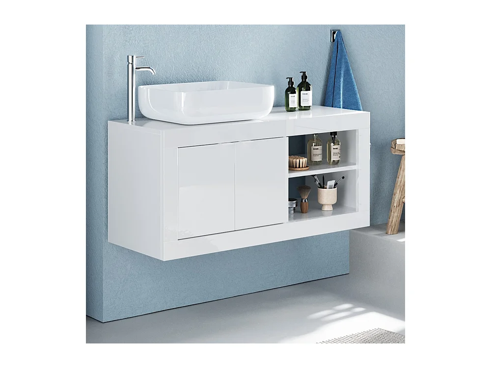 Mobile bagno sospeso 92x90 cm bianco lucido con lavabo due ante MBL28