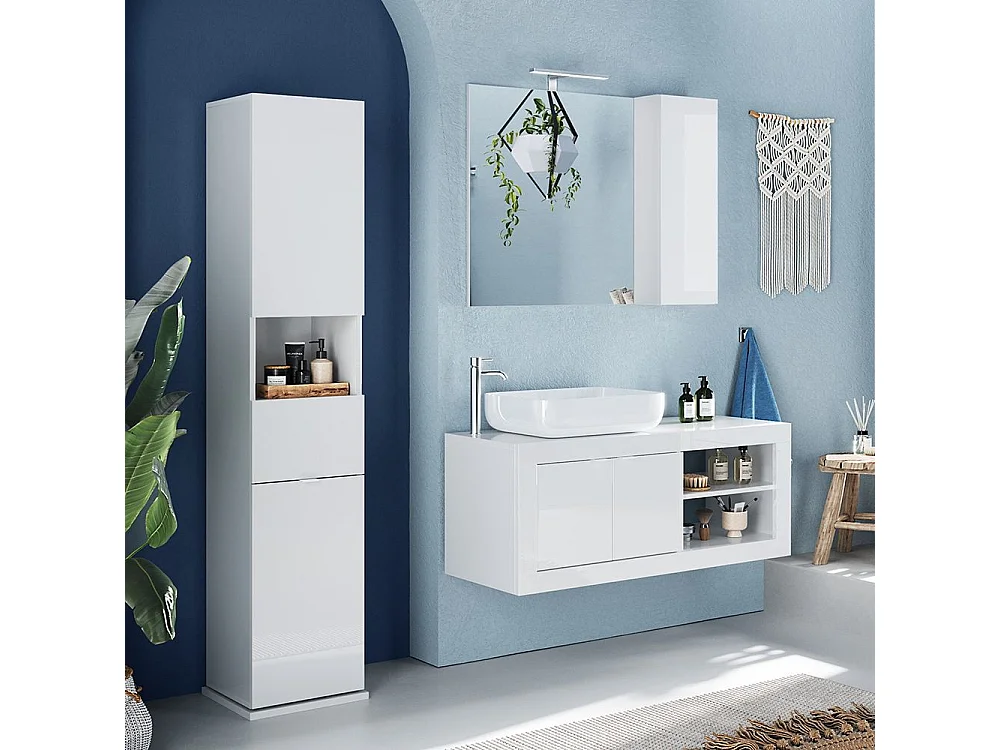Mobile bagno sospeso 92x90 cm bianco lucido con lavabo due ante MBL28