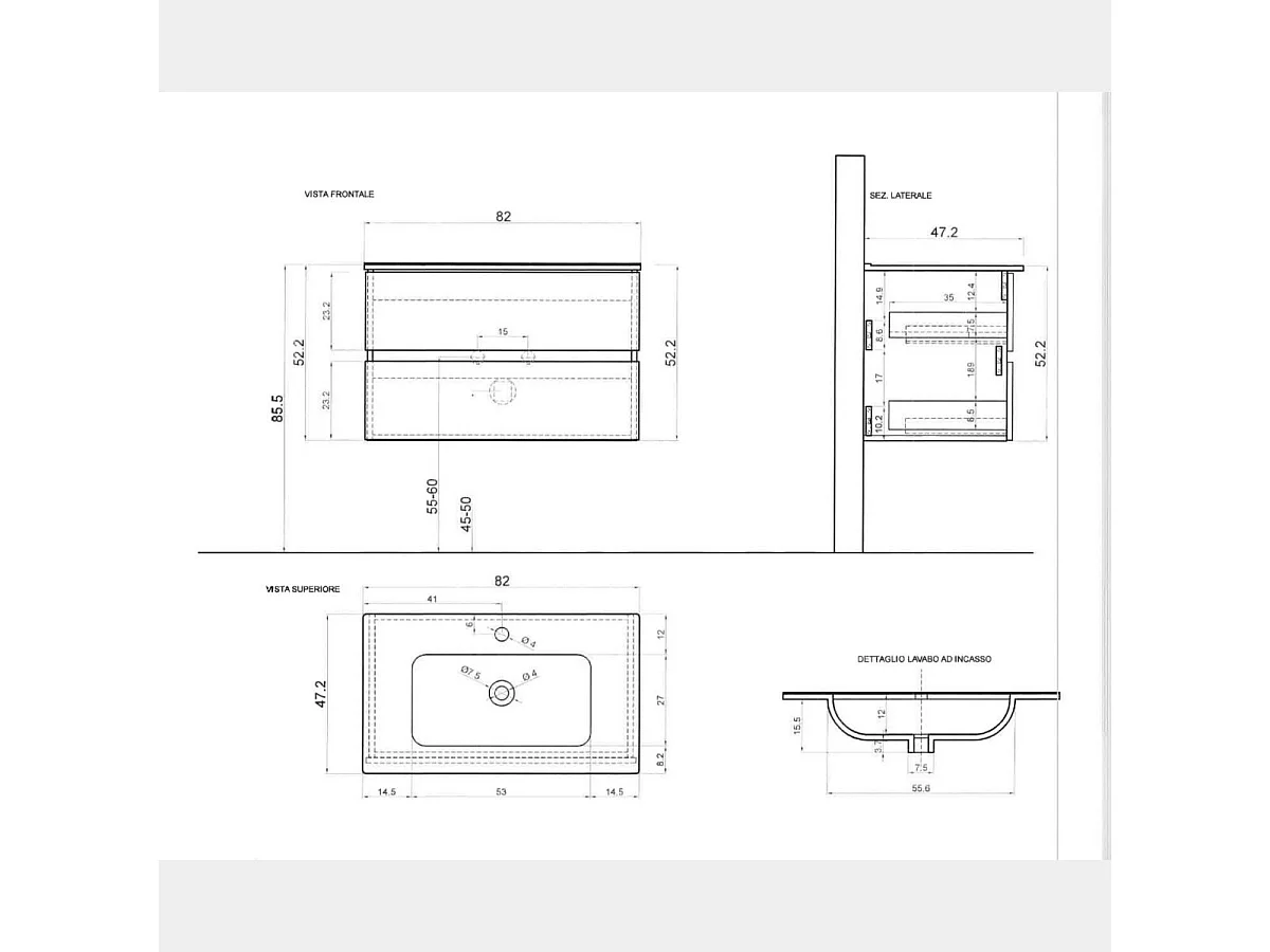 Mobile bagno sospeso 80x85 cm bianco lucido con lavabo e due cassetti MBL11