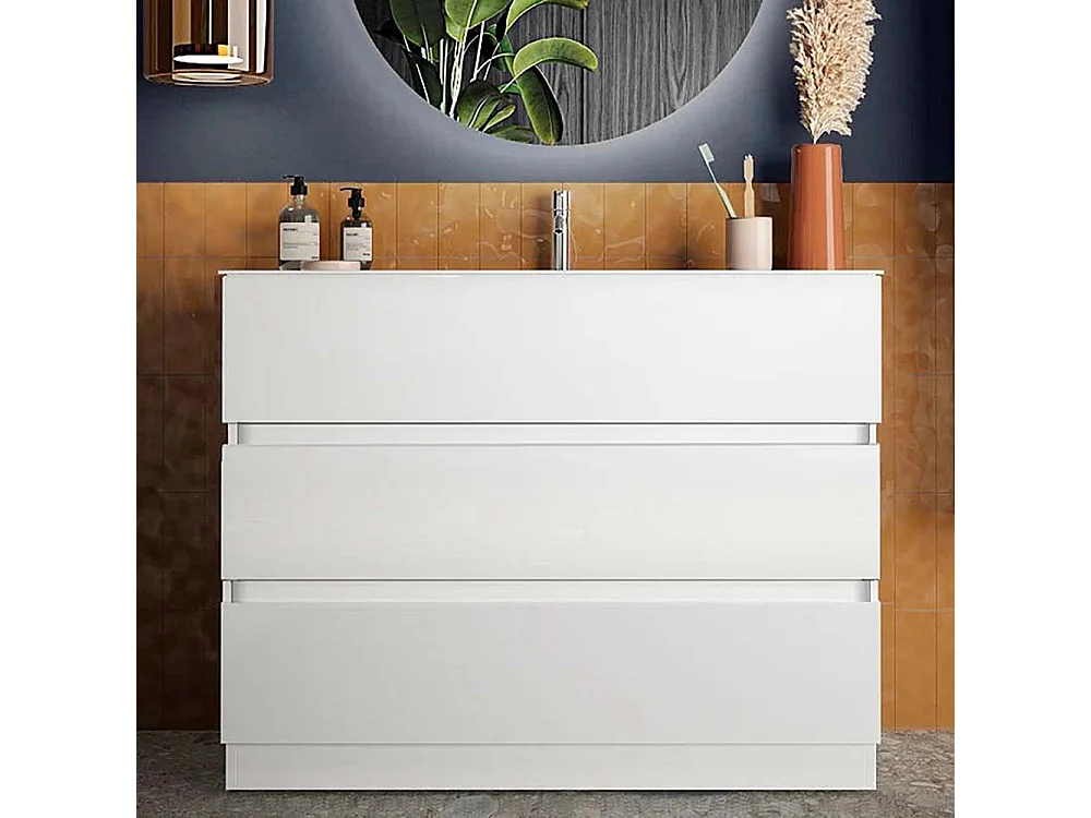 Mobile bagno a terra 80x85 cm bianco lucido con lavabo e tre cassetti MBL15
