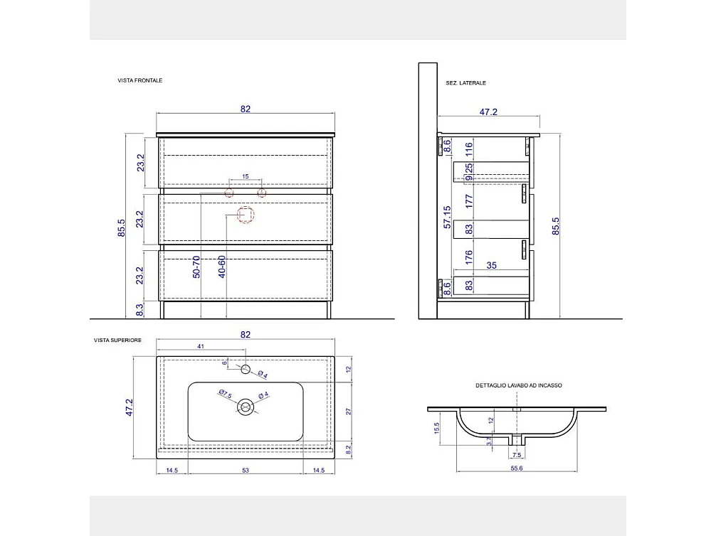 Mobile bagno a terra 80x85 cm bianco lucido con lavabo e tre cassetti MBL15
