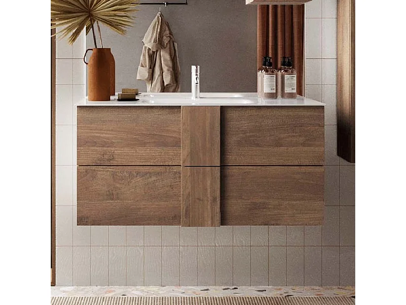 Mobile bagno sospeso 100x85 cm rovere con lavabo e due cassetti MBL1