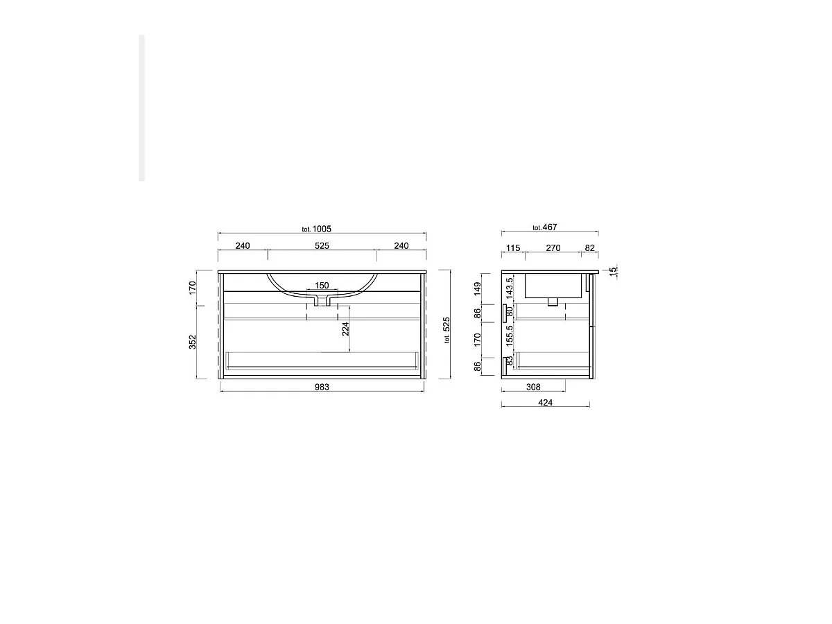 Mobile bagno sospeso 100x85 cm rovere con lavabo e due cassetti MBL1