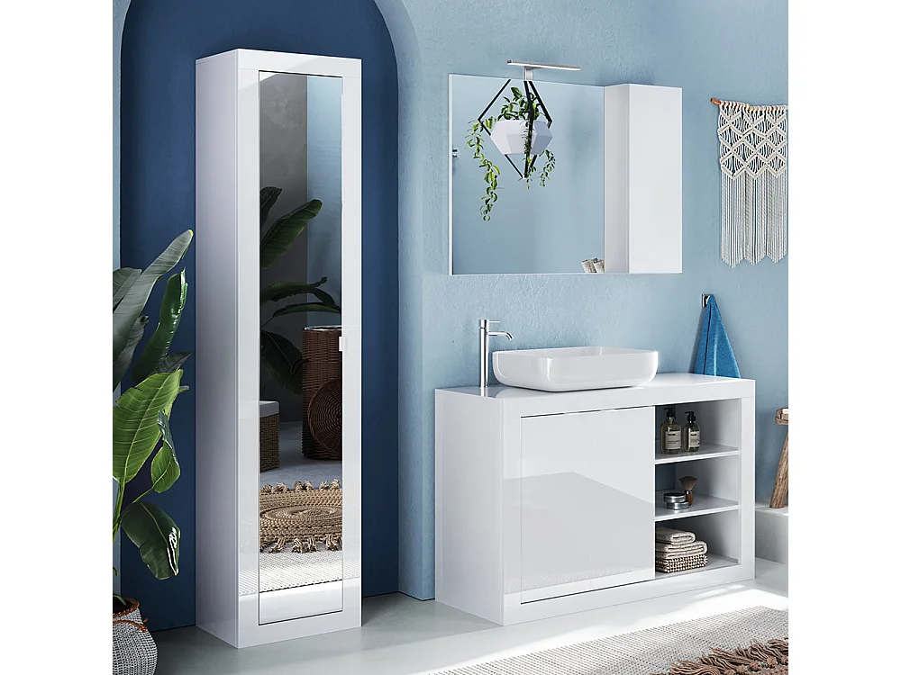 Colonna singola bagno 42x195 cm bianco lucido 1 anta a specchio e 5 ripiani interni COL9