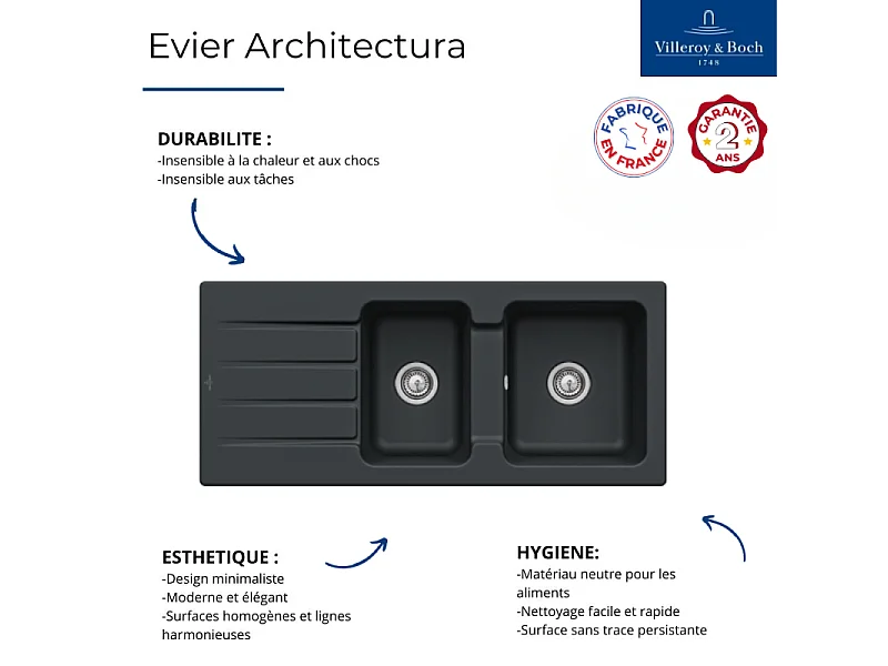 Evier 1 bac et demi VILLEROY ET BOCH Architectura 80 Noir