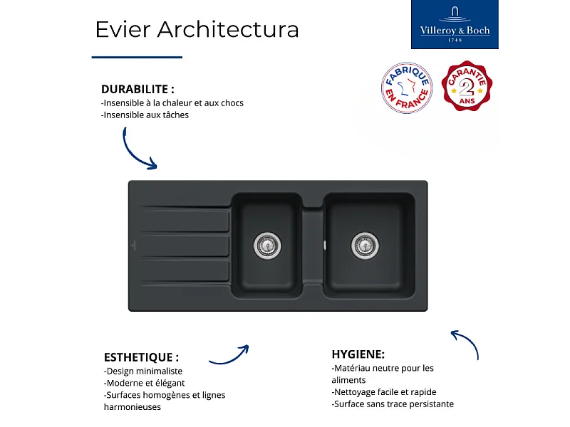 Evier 1 bac et demi VILLEROY ET BOCH Architectura 80 Noir