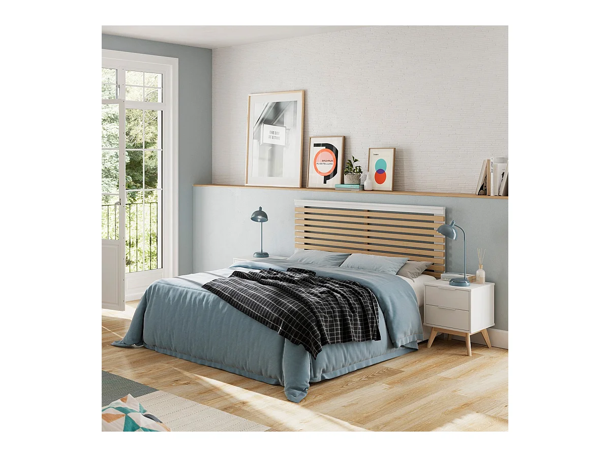 Tête de lit adulte en lattes de bois clair / blanc 160 cm - Lucy