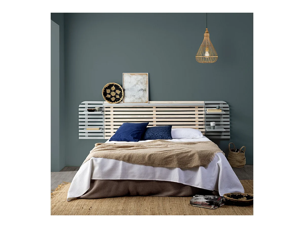 Tête de lit adulte en lattes de bois blanchi / gris 240 cm avec chevets intégrés - Scala