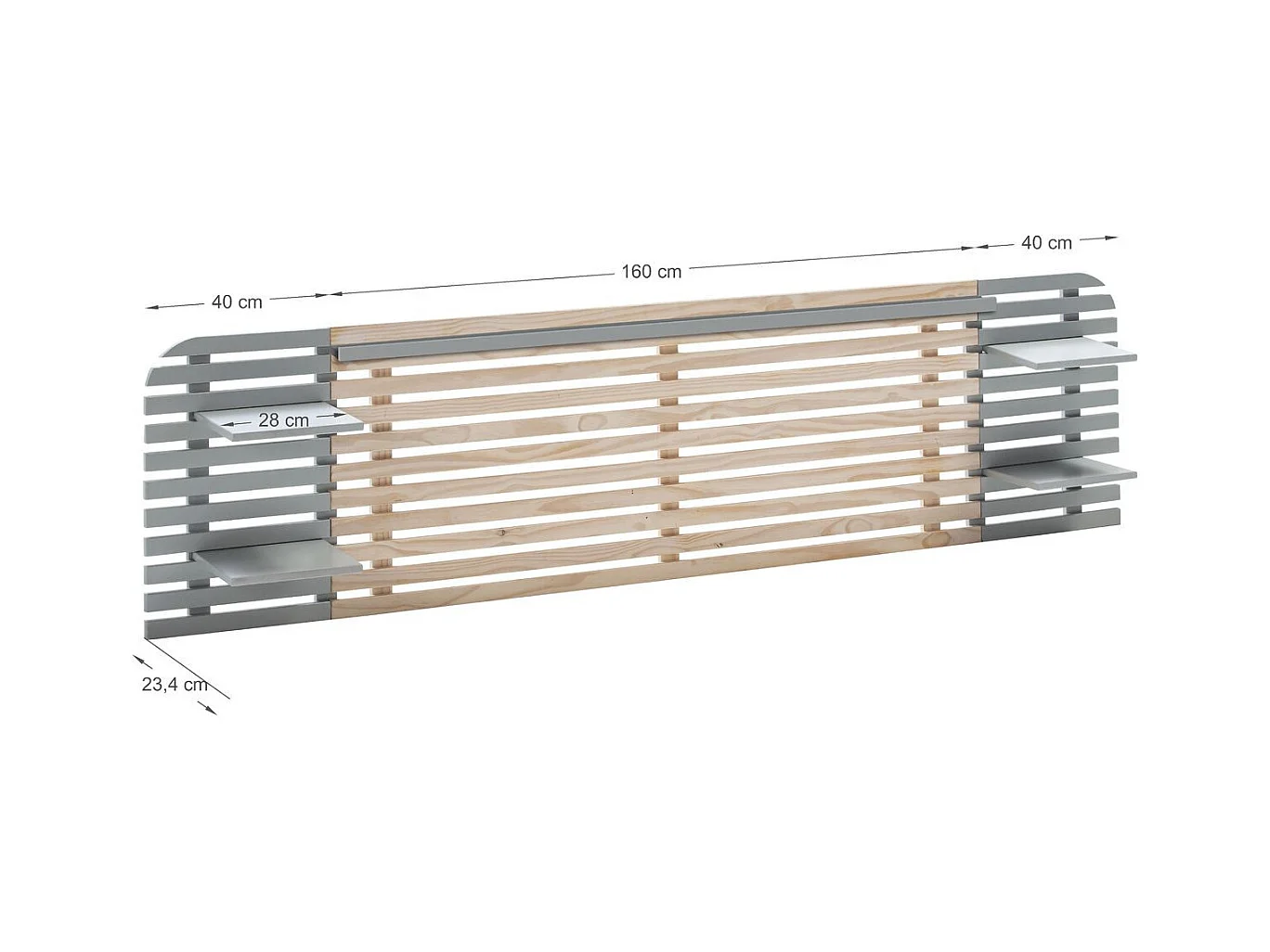 Tête de lit adulte en lattes de bois blanchi / gris 240 cm avec chevets intégrés - Scala