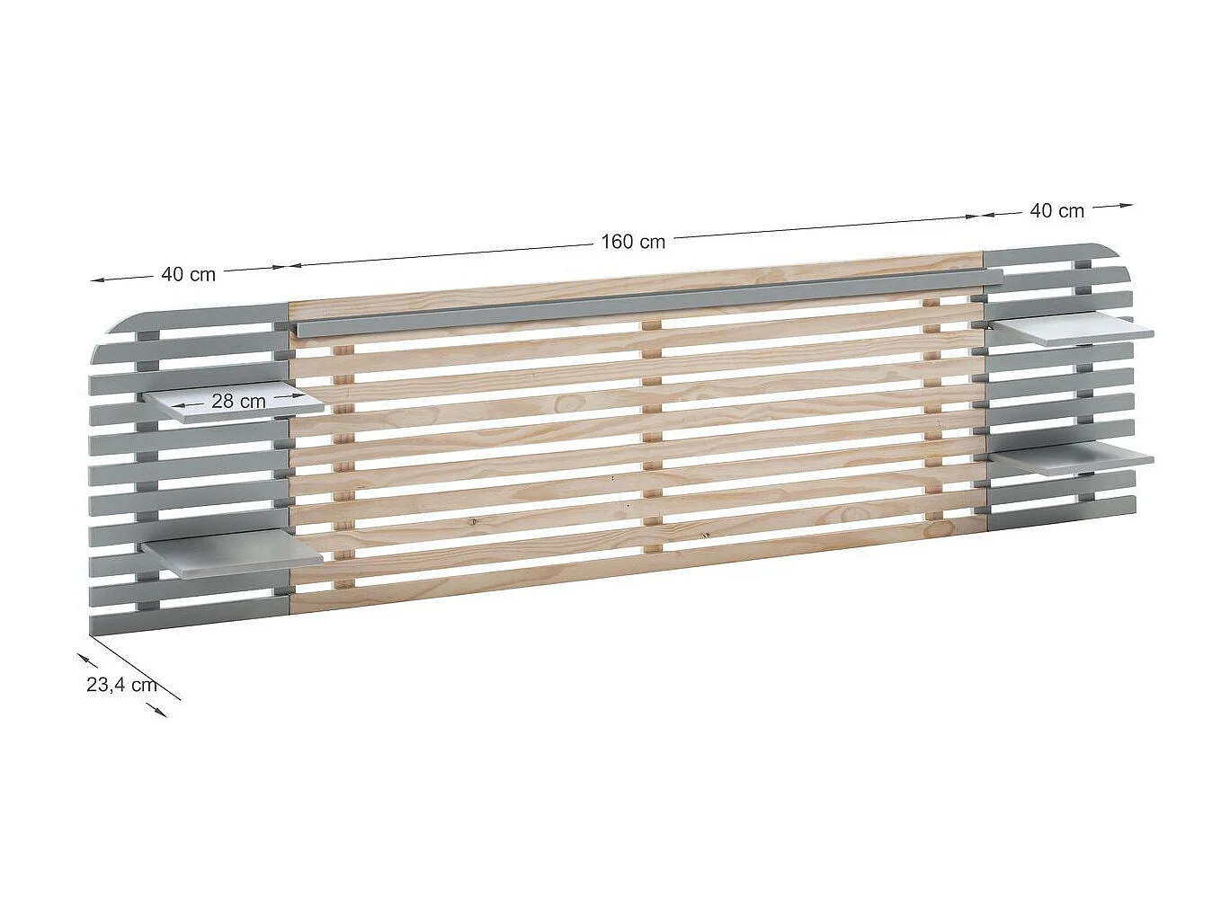 Tête de lit adulte en lattes de bois blanchi / gris 240 cm avec chevets intégrés - Scala