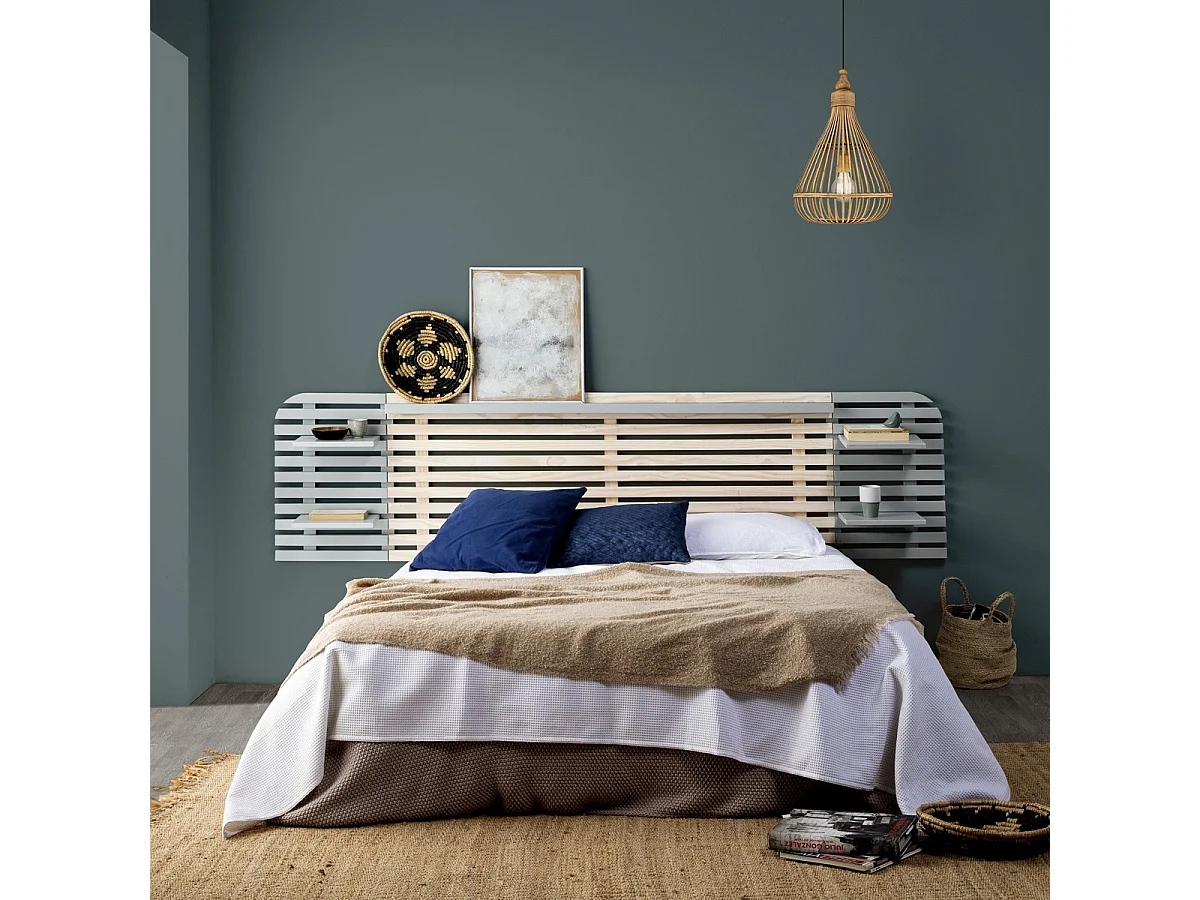 Tête de lit adulte en lattes de bois blanchi / gris 240 cm avec chevets intégrés - Scala