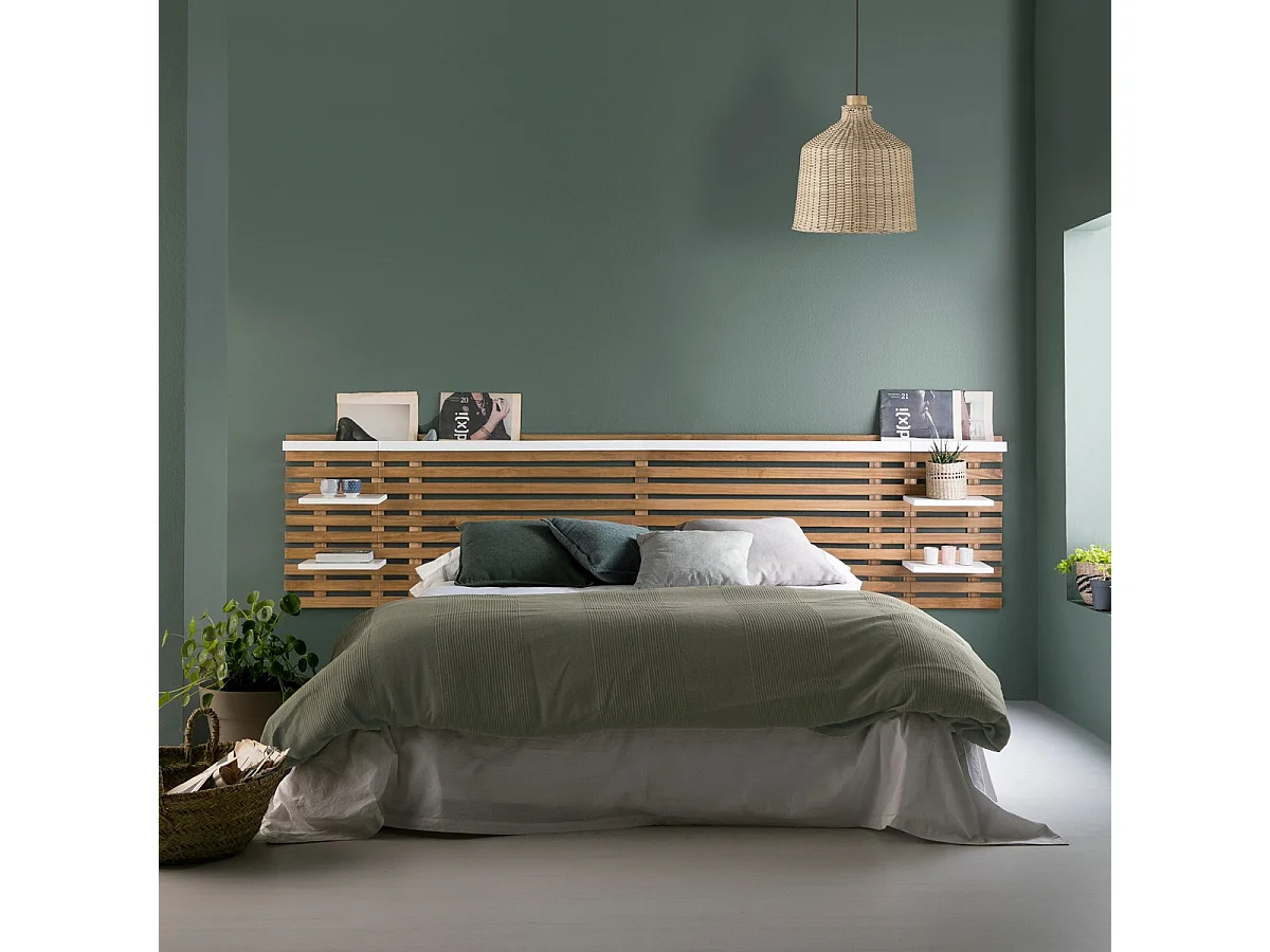 Tête de lit adulte en lattes de bois clair / blanc 240 cm avec chevet intégrés - Essenza