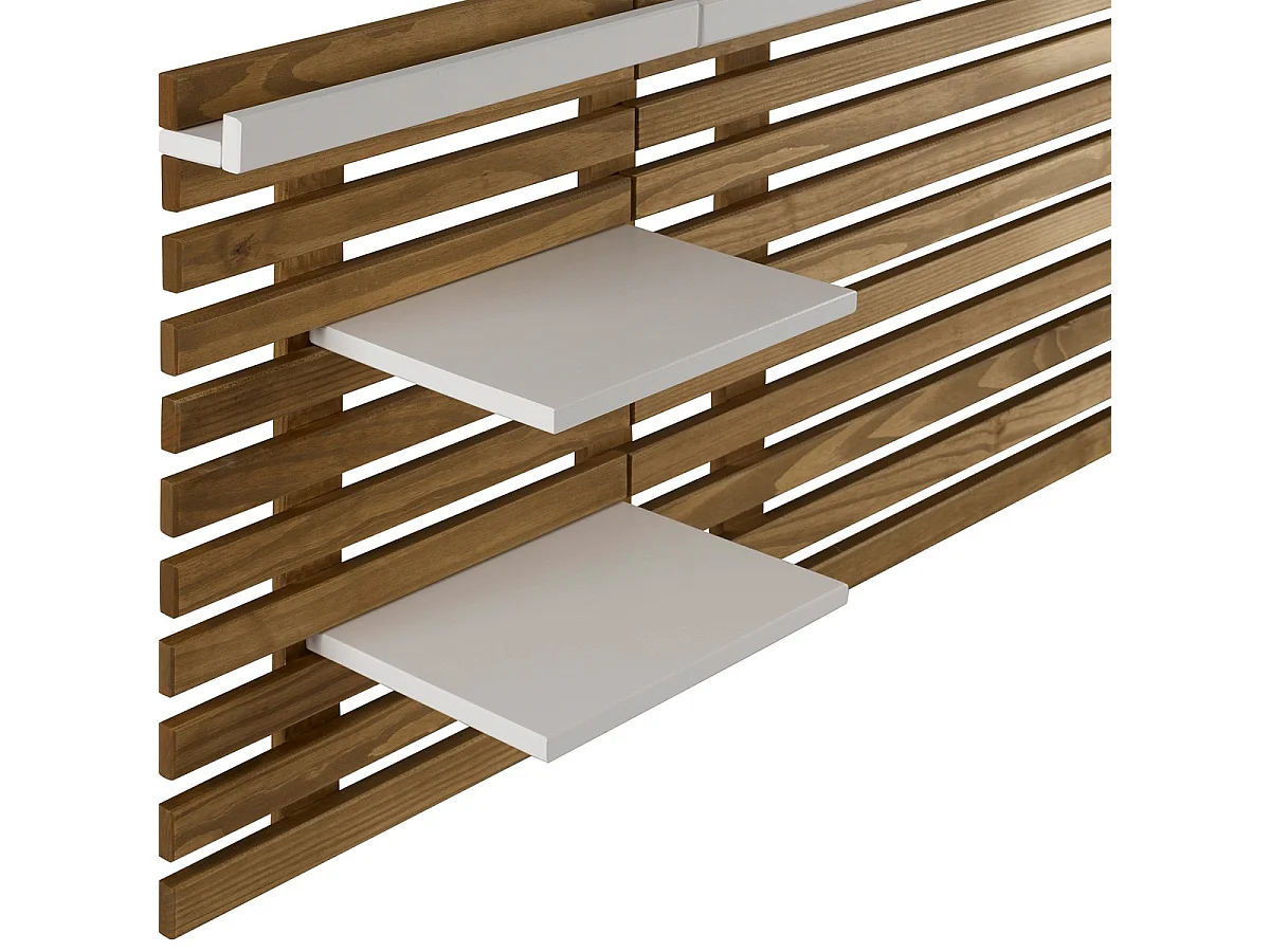 Tête de lit adulte en lattes de bois clair / blanc 240 cm avec chevet intégrés - Essenza