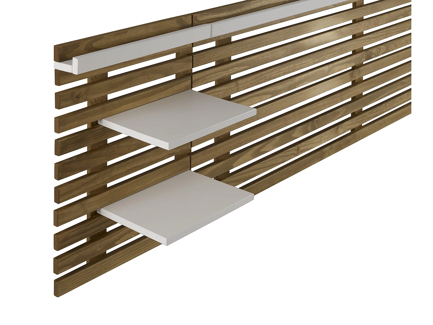 Tête de lit adulte en lattes de bois clair / blanc 240 cm avec chevet intégrés - Essenza
