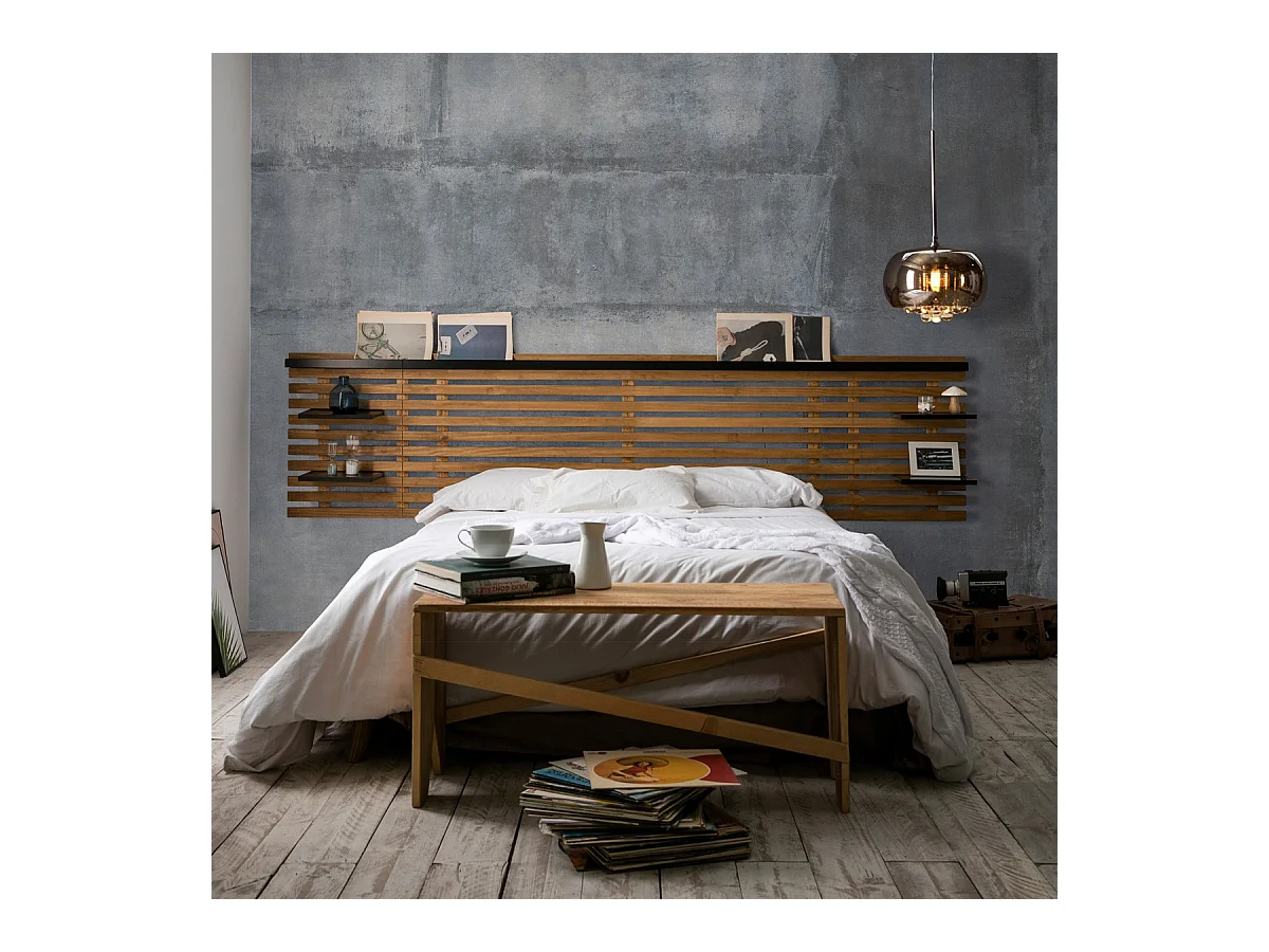 Tête de lit adulte en lattes de bois clair / noir 240 cm avec chevets intégrés - Essenza