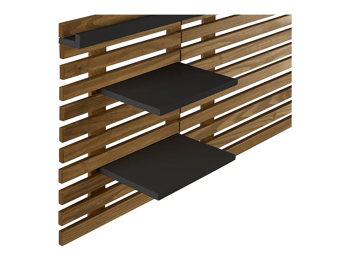 Tête de lit adulte en lattes de bois clair / noir 240 cm avec chevets intégrés - Essenza