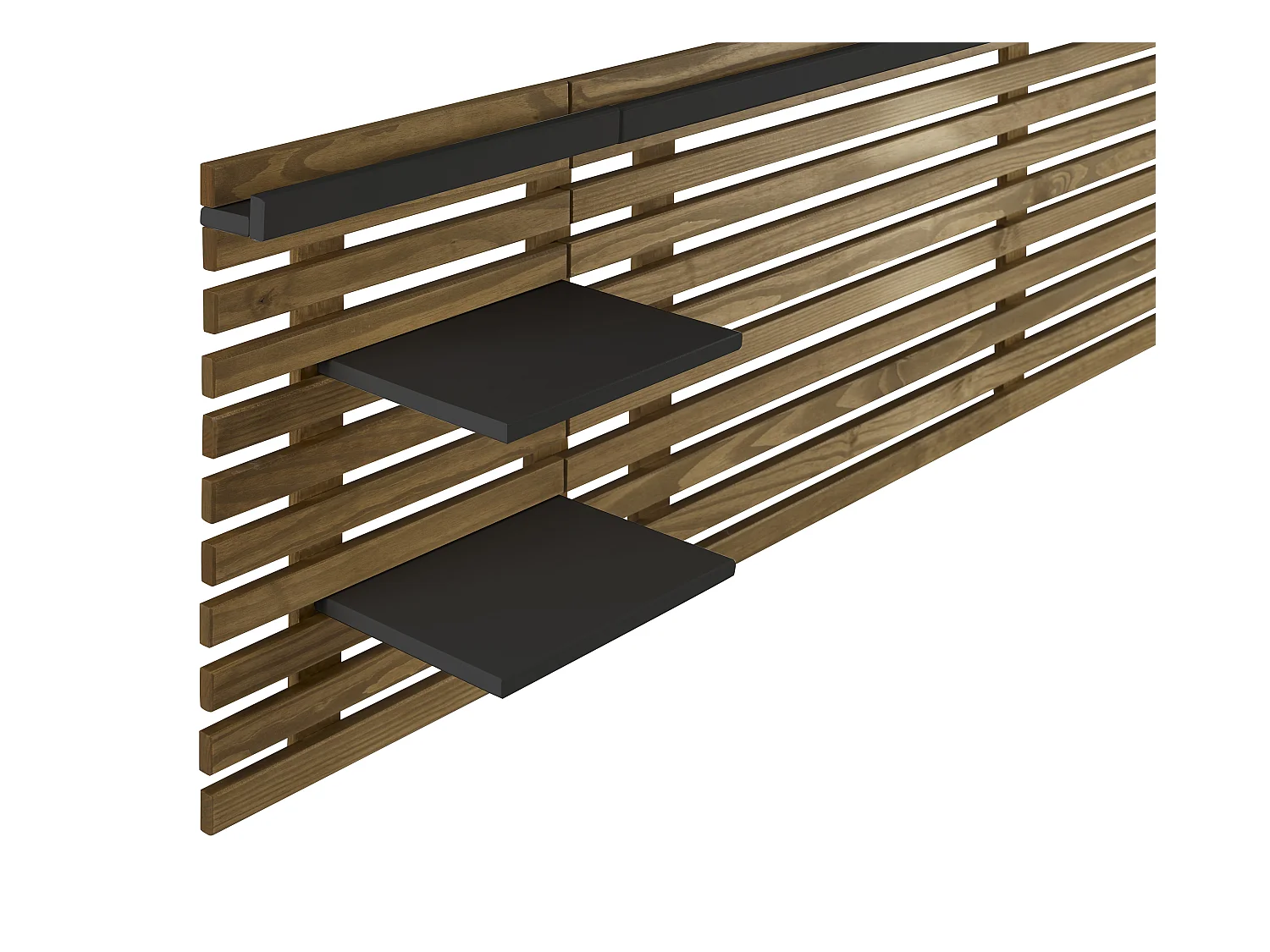 Tête de lit adulte en lattes de bois clair / noir 240 cm avec chevets intégrés - Essenza