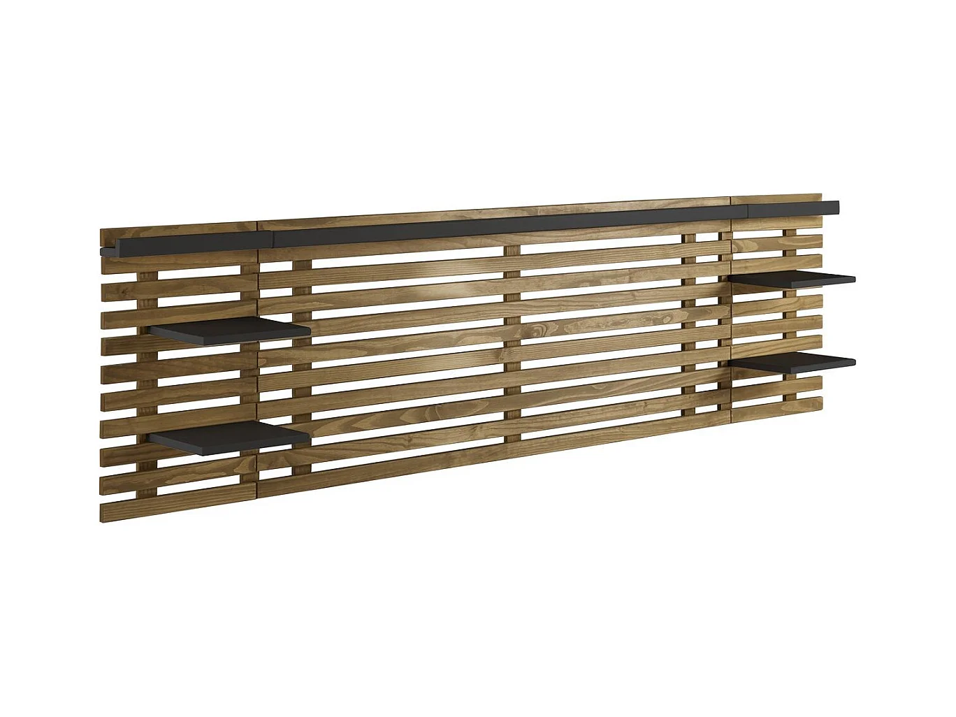 Tête de lit adulte en lattes de bois clair / noir 240 cm avec chevets intégrés - Essenza