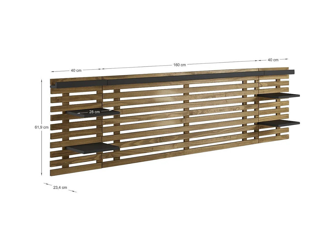 Tête de lit adulte en lattes de bois clair / noir 240 cm avec chevets intégrés - Essenza