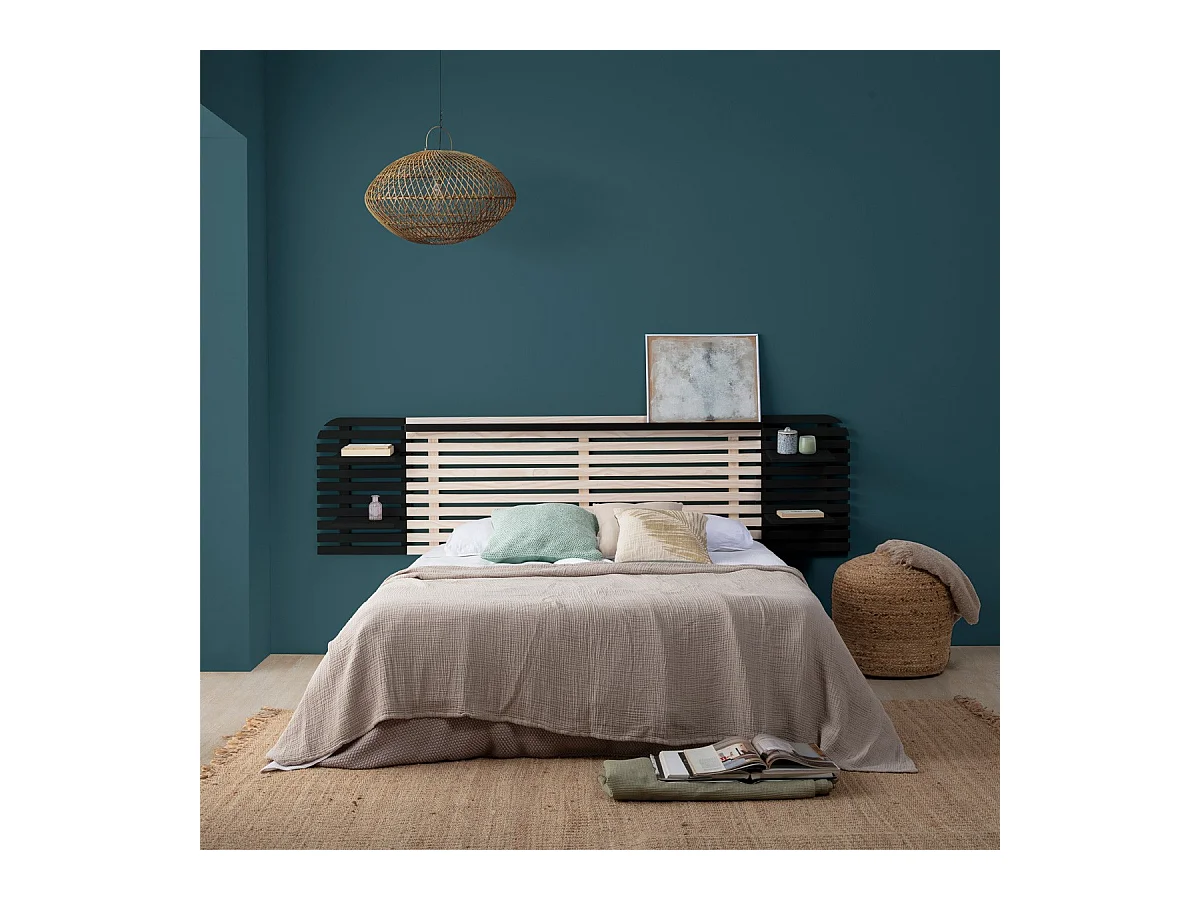 Tête de lit adulte en lattes de bois blanchi / noir 240 cm avec chevets intégrés - Scala