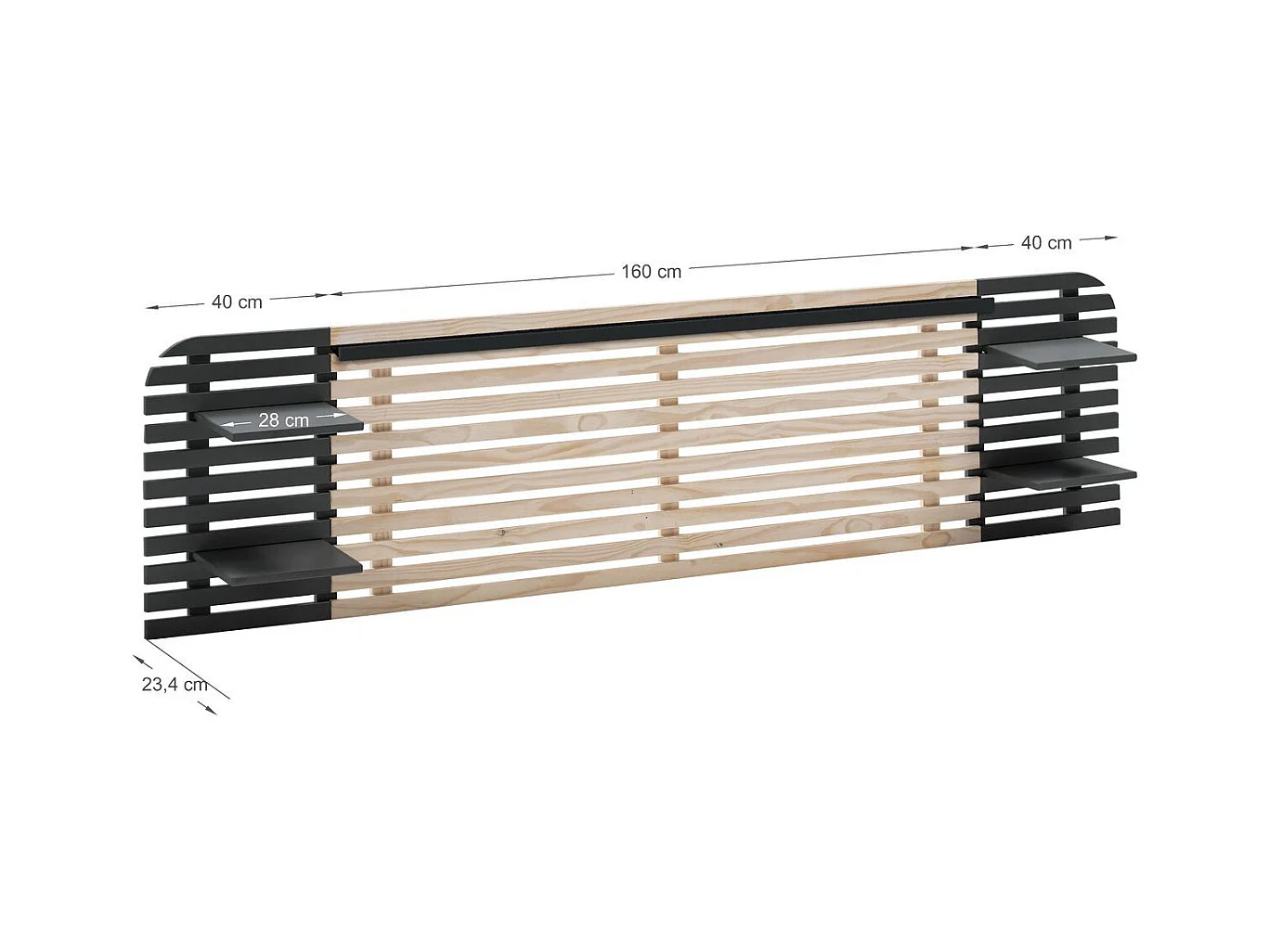 Tête de lit adulte en lattes de bois blanchi / noir 240 cm avec chevets intégrés - Scala