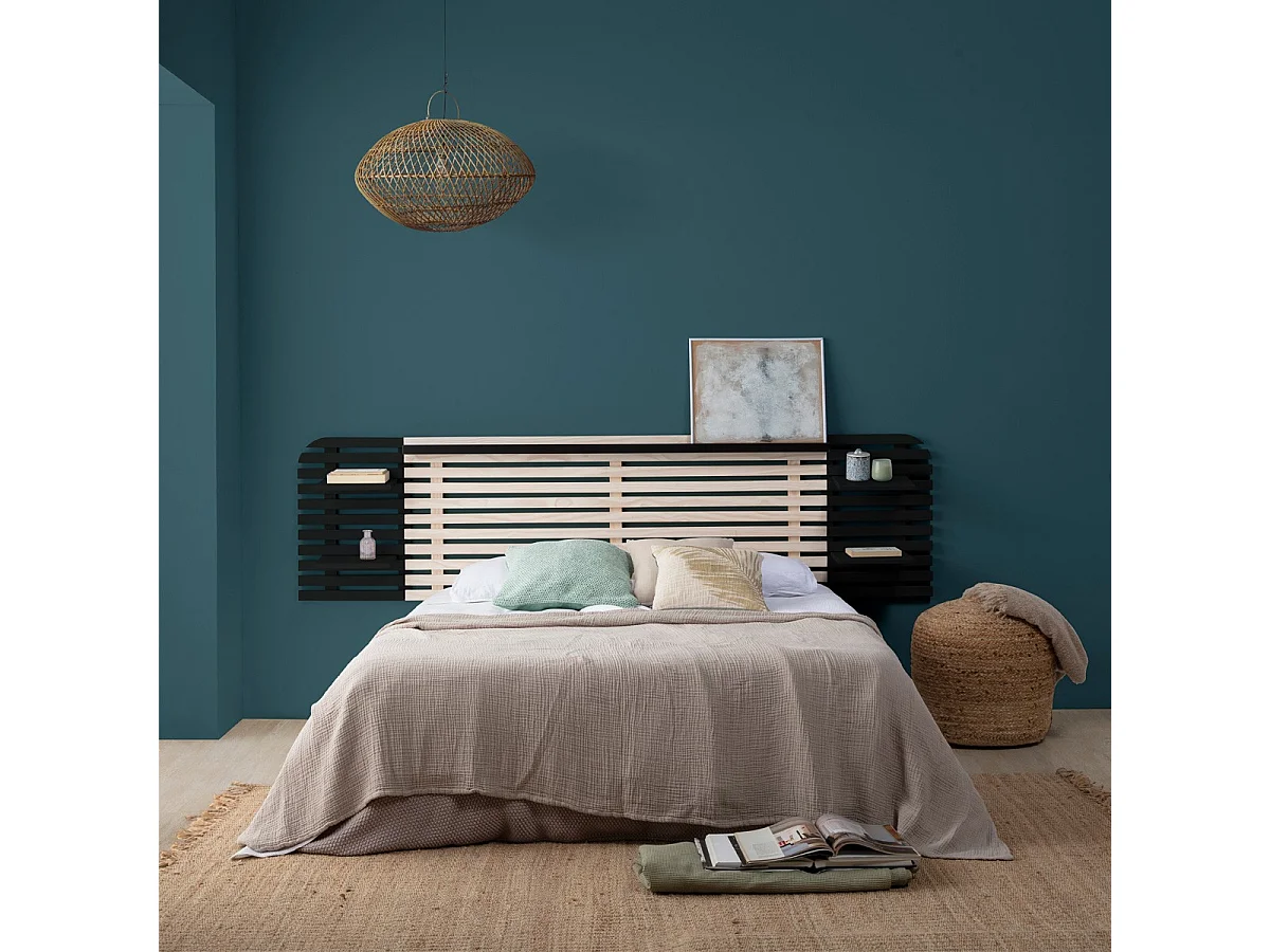 Tête de lit adulte en lattes de bois blanchi / noir 240 cm avec chevets intégrés - Scala