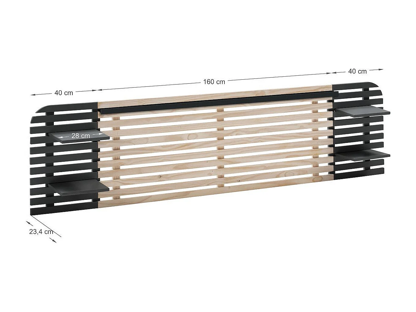 Tête de lit adulte en lattes de bois blanchi / noir 240 cm avec chevets intégrés - Scala