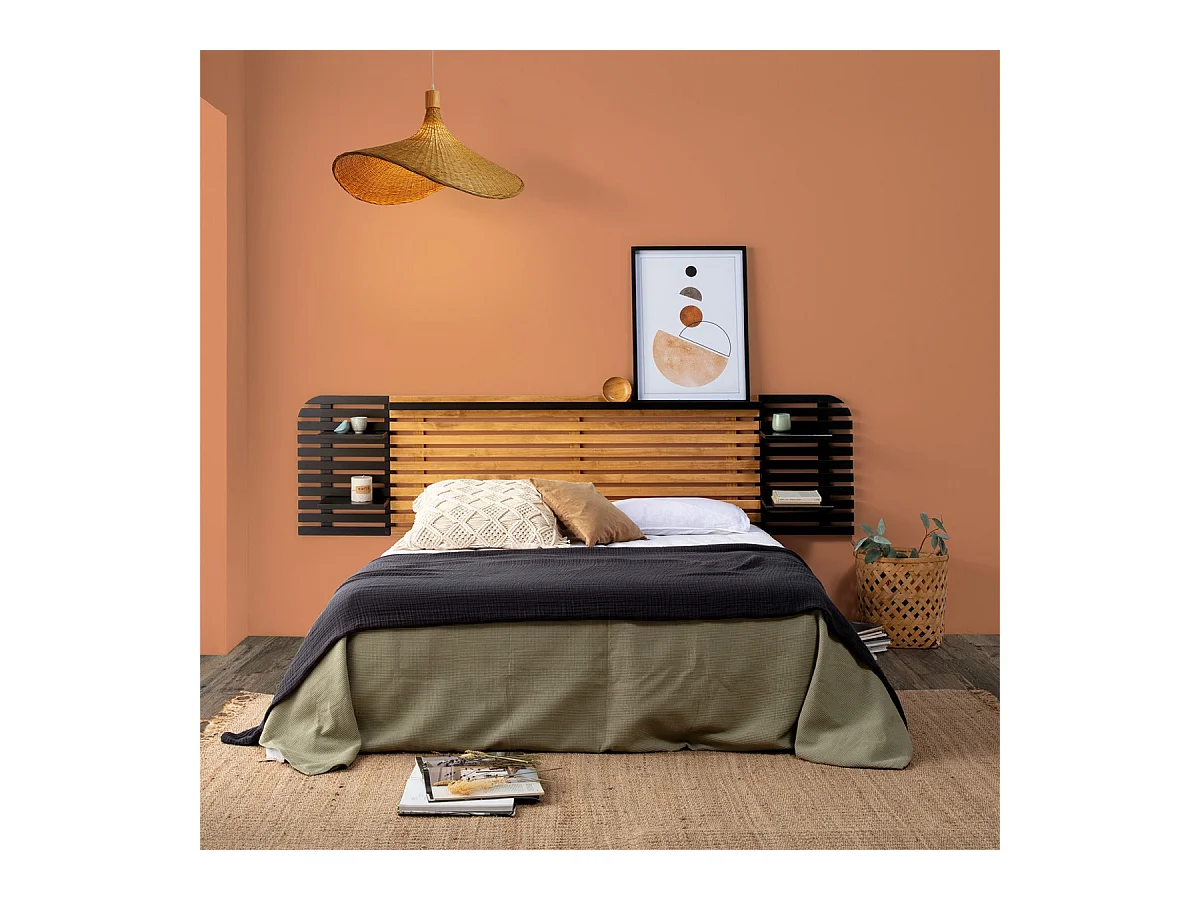Tête de lit adulte en lattes de bois clair / noir avec chevets intégrés 240 cm - Scala