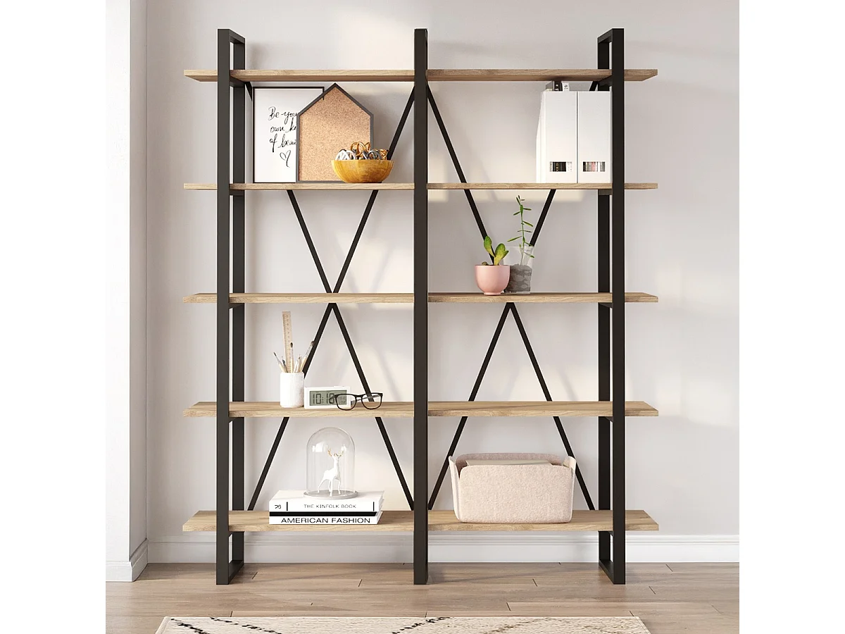 Bibliothèque 4 niveaux en métal noir et effet chêne 147.5 cm - Genna