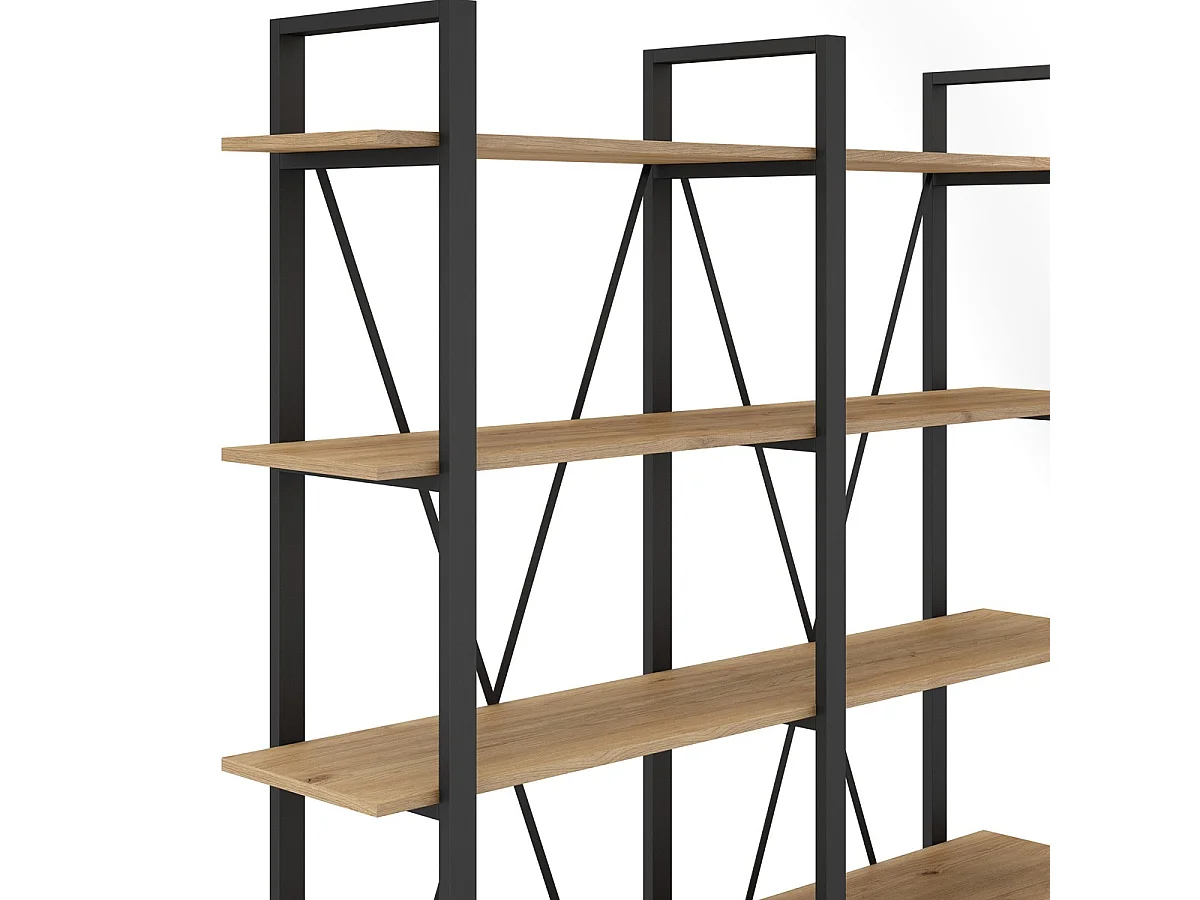 Bibliothèque 4 niveaux en métal noir et effet chêne 147.5 cm - Genna