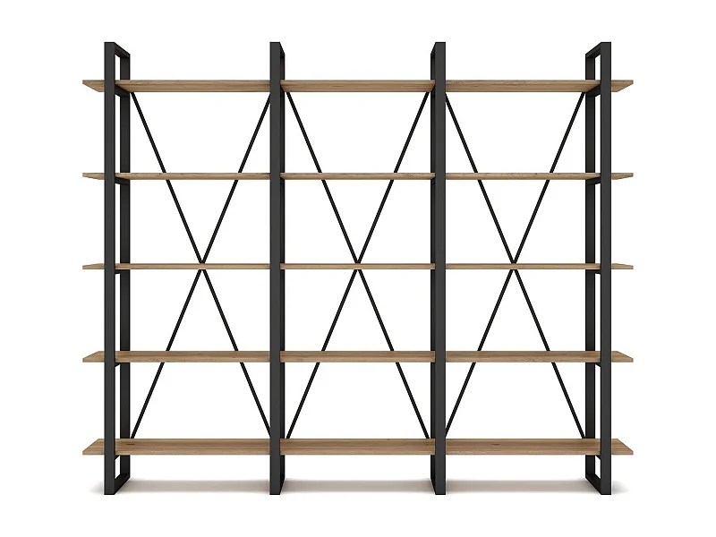Bibliothèque 4 niveaux en métal noir et effet chêne 217.5 cm - Genna