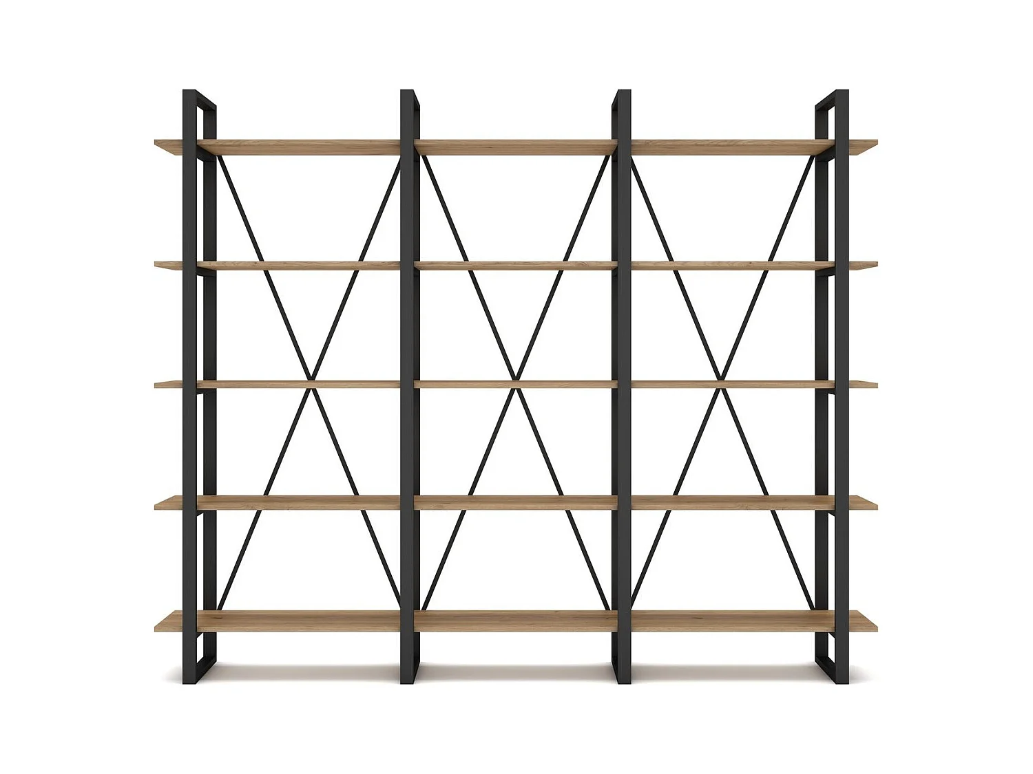 Bibliothèque 4 niveaux en métal noir et effet chêne 217.5 cm - Genna