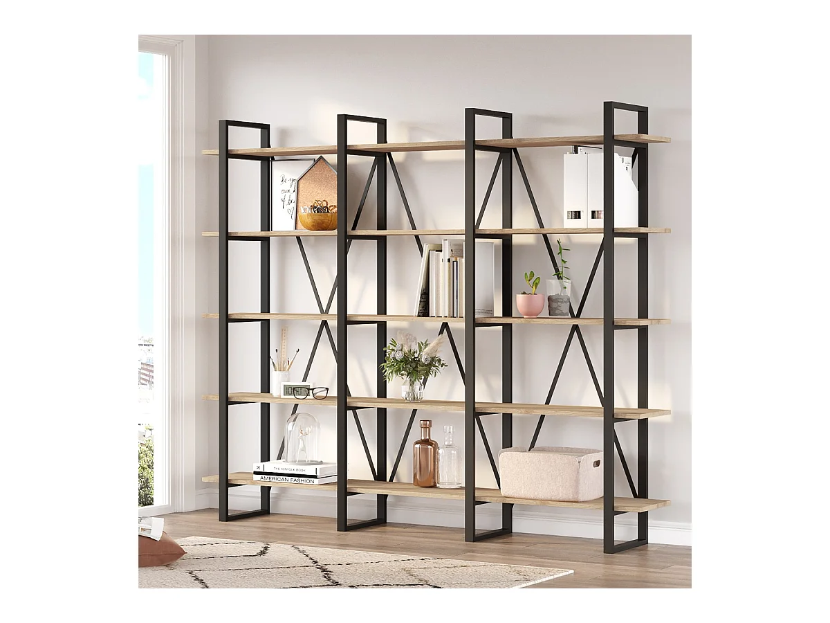 Bibliothèque 4 niveaux en métal noir et effet chêne 217.5 cm - Genna