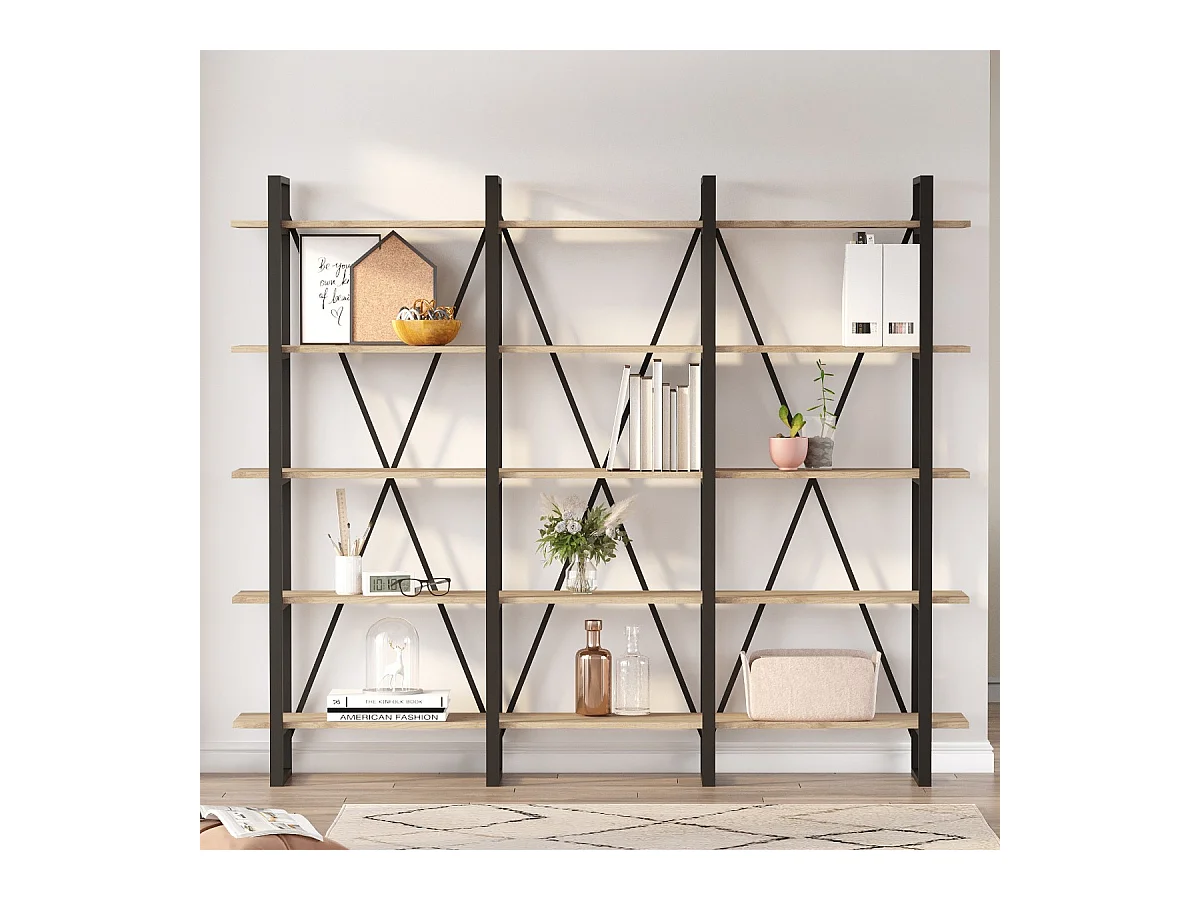 Bibliothèque 4 niveaux en métal noir et effet chêne 217.5 cm - Genna