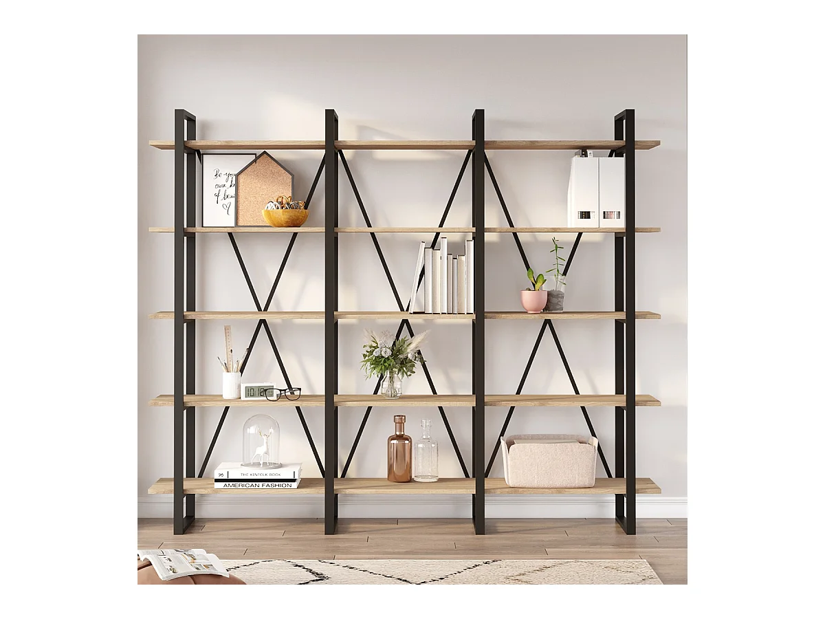 Bibliothèque 4 niveaux en métal noir et effet chêne 217.5 cm - Genna