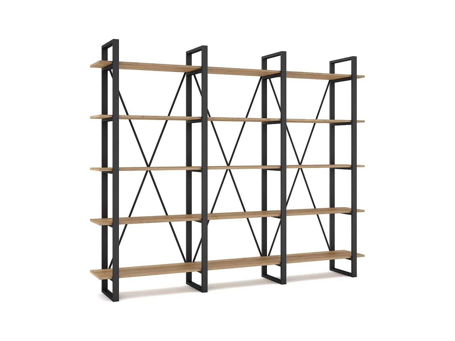 Bibliothèque 4 niveaux en métal noir et effet chêne 217.5 cm - Genna