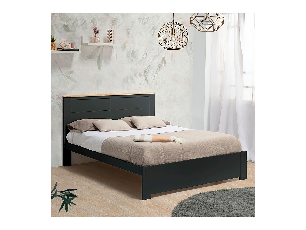 Lit adulte 140x190 cm avec tête de lit en bois gris anthracite - Nevea