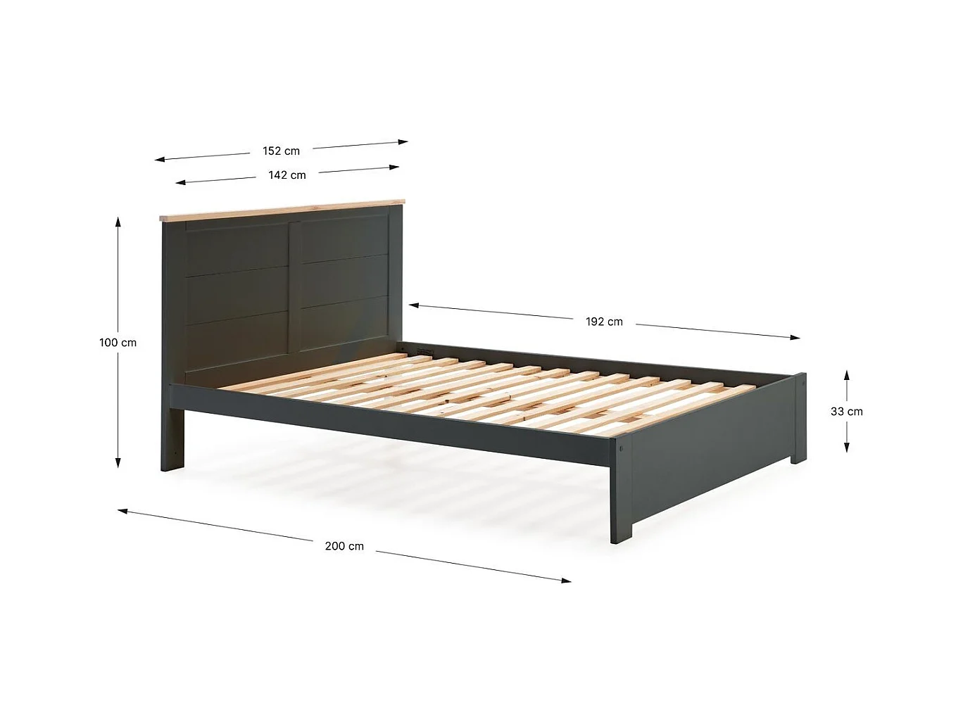 Lit adulte 140x190 cm avec tête de lit en bois gris anthracite - Nevea