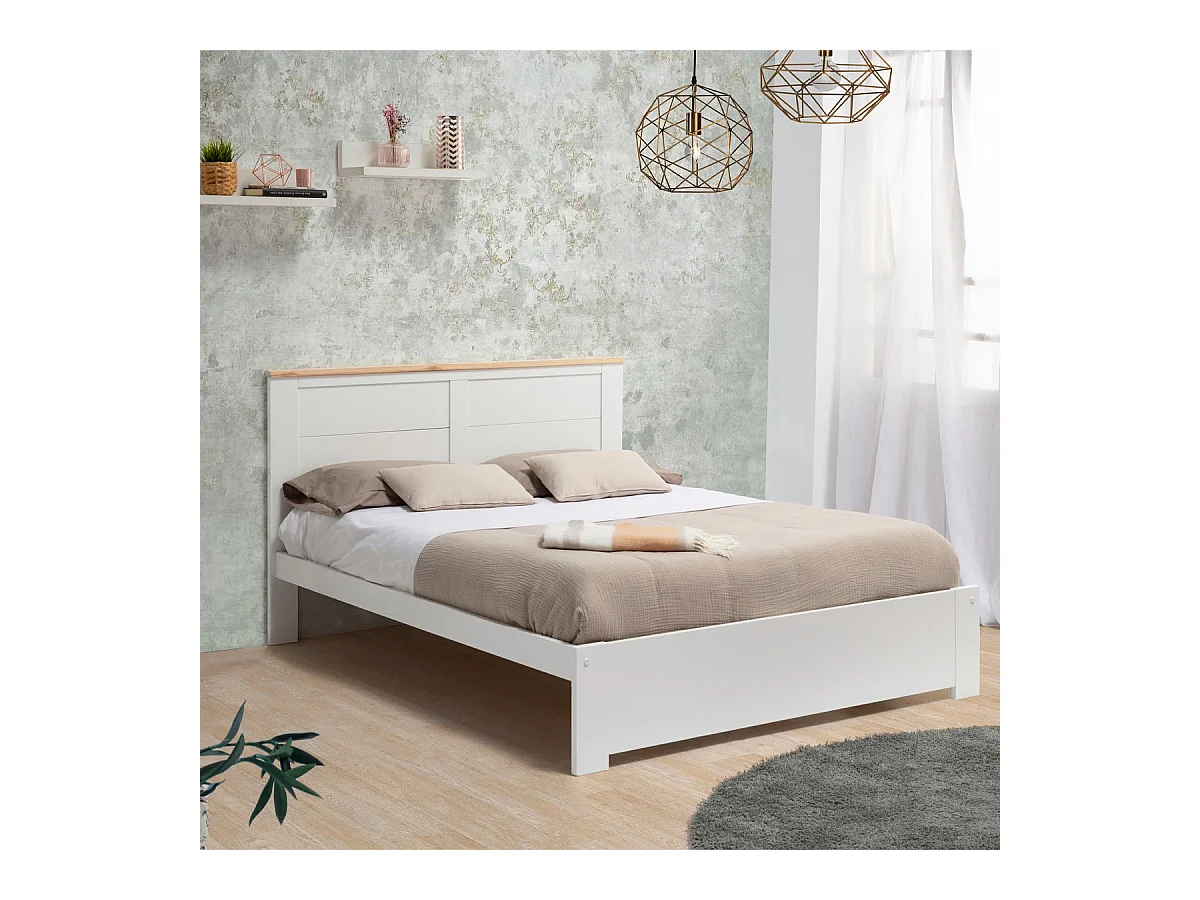 Lit adulte 140x190 cm avec tête de lit en bois blanc - Nevea